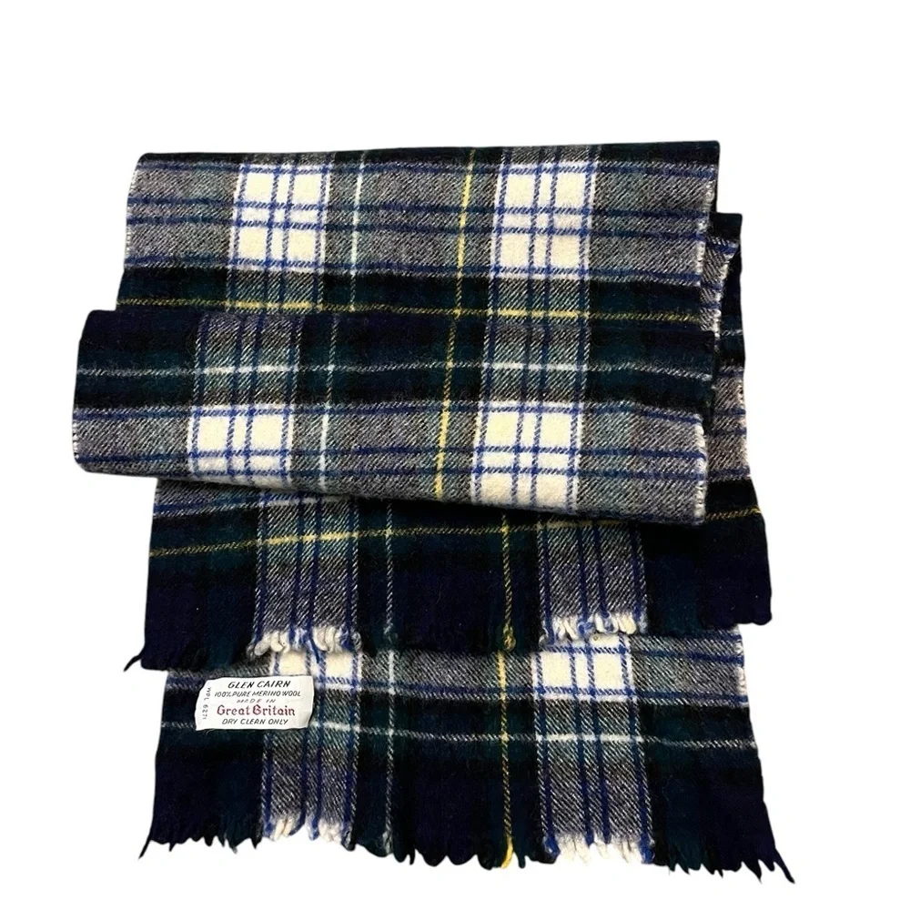 GLEN CAIRN 100% Merino Wool Dress Gordon Tartan Plaid Scarf, Blue Green Yellow